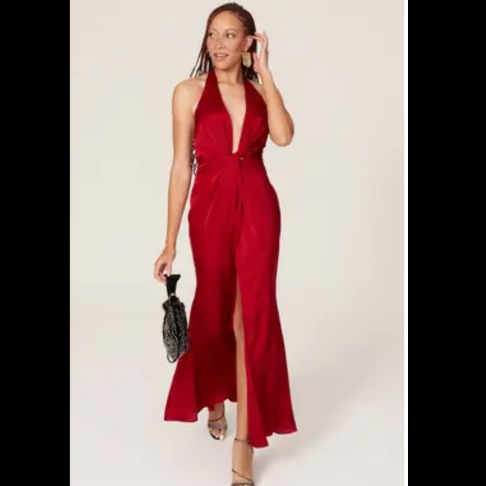 Fame and partners Vania plunge halter gown in ruby red